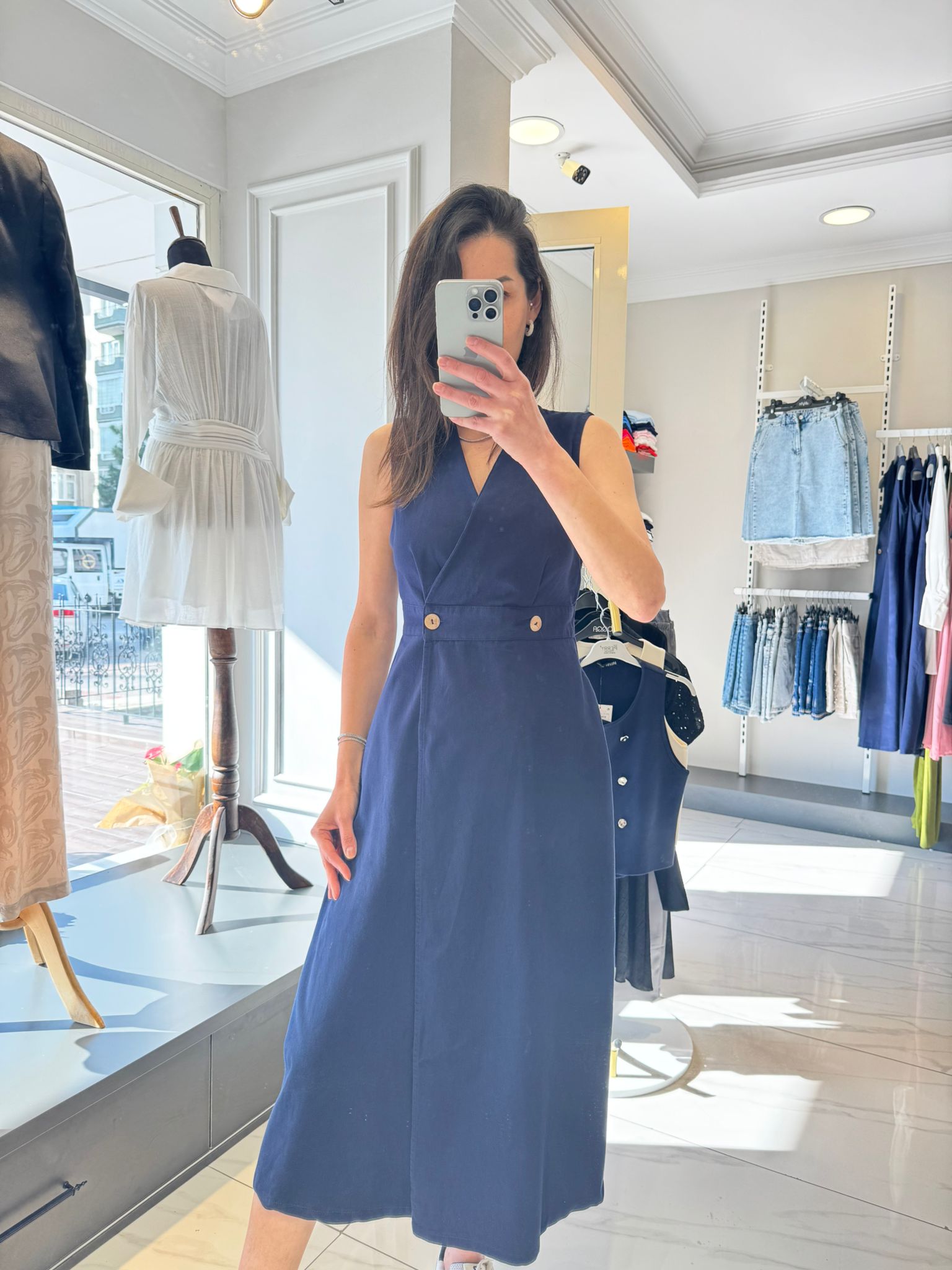 LACİVERT KETEN ELBİSE