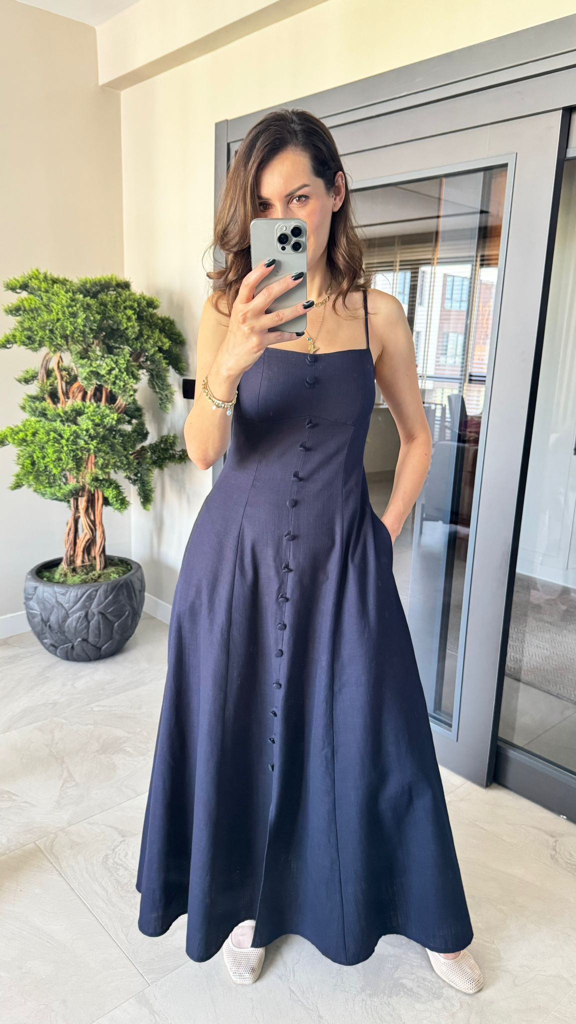 LACİVERT KETEN ELBİSE