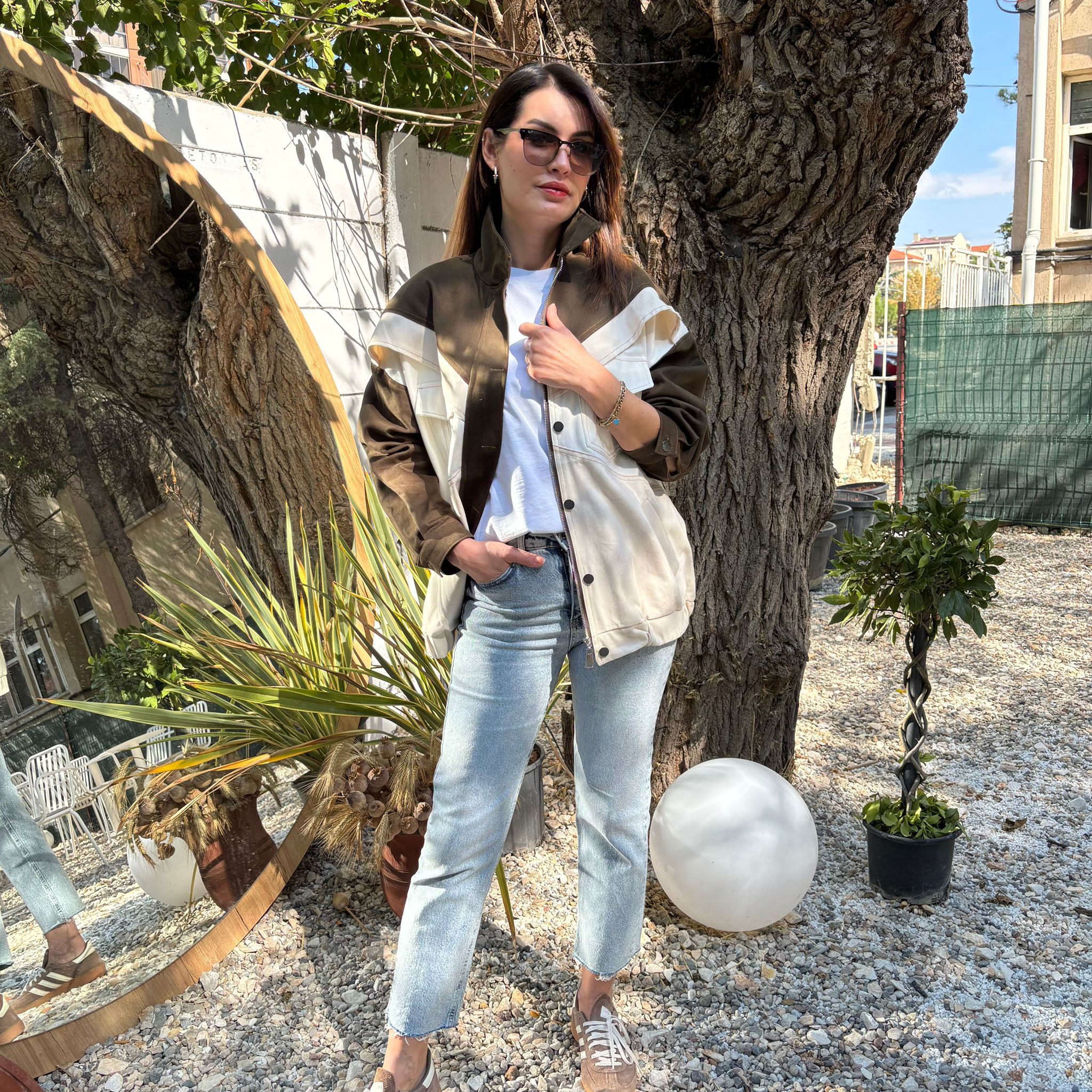 HAKİ BEJ ÇOK RENKLİ DENİM CEKET